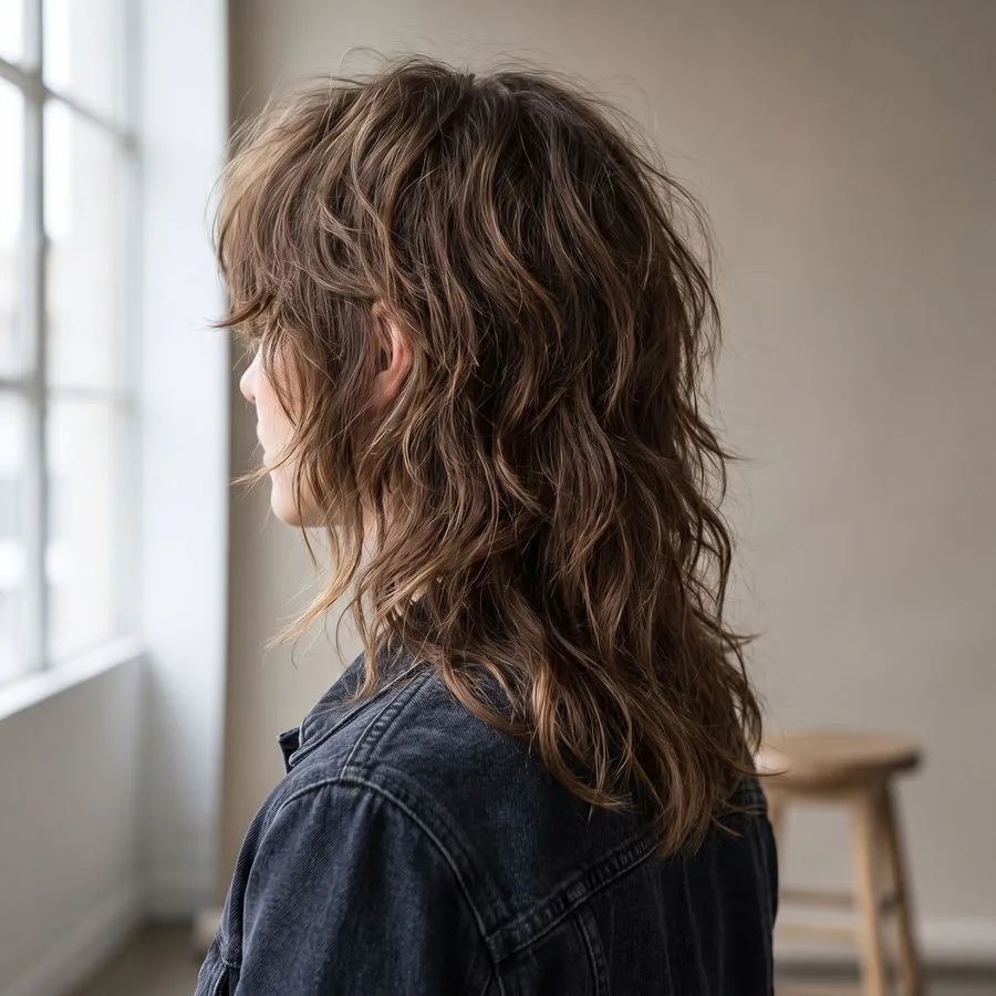 Shag haircut — heavily layered mid-length cut with feathered ends and a tousled, rock-and-roll finish