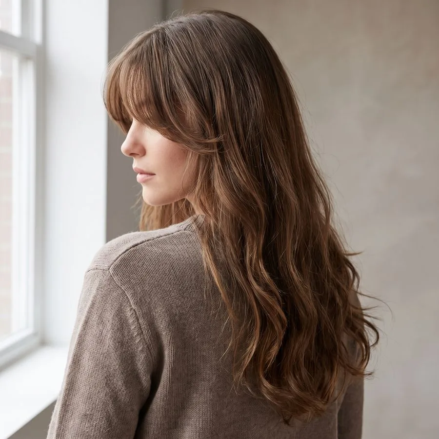 Curtain bangs — center-parted fringe sweeping softly to either side, framing the cheekbones, worn with long hair