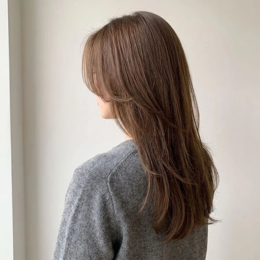 Face-framing layers — long hair with softer shorter pieces cut around the face to trace the jaw and cheekbones