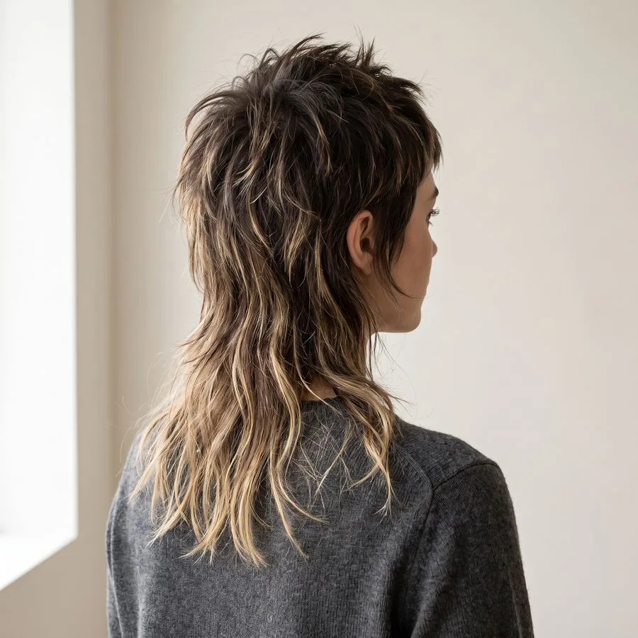 Wolf cut — short choppy layers at the crown blending into long shaggy lengths, high-contrast and spiky