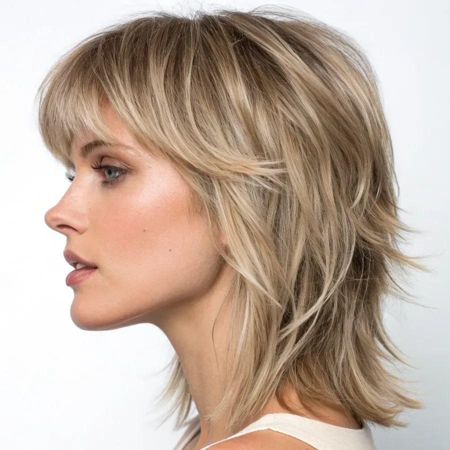 Wispy fringe — fine feathered strands falling lightly over the forehead, soft and see-through with skin visible between pieces