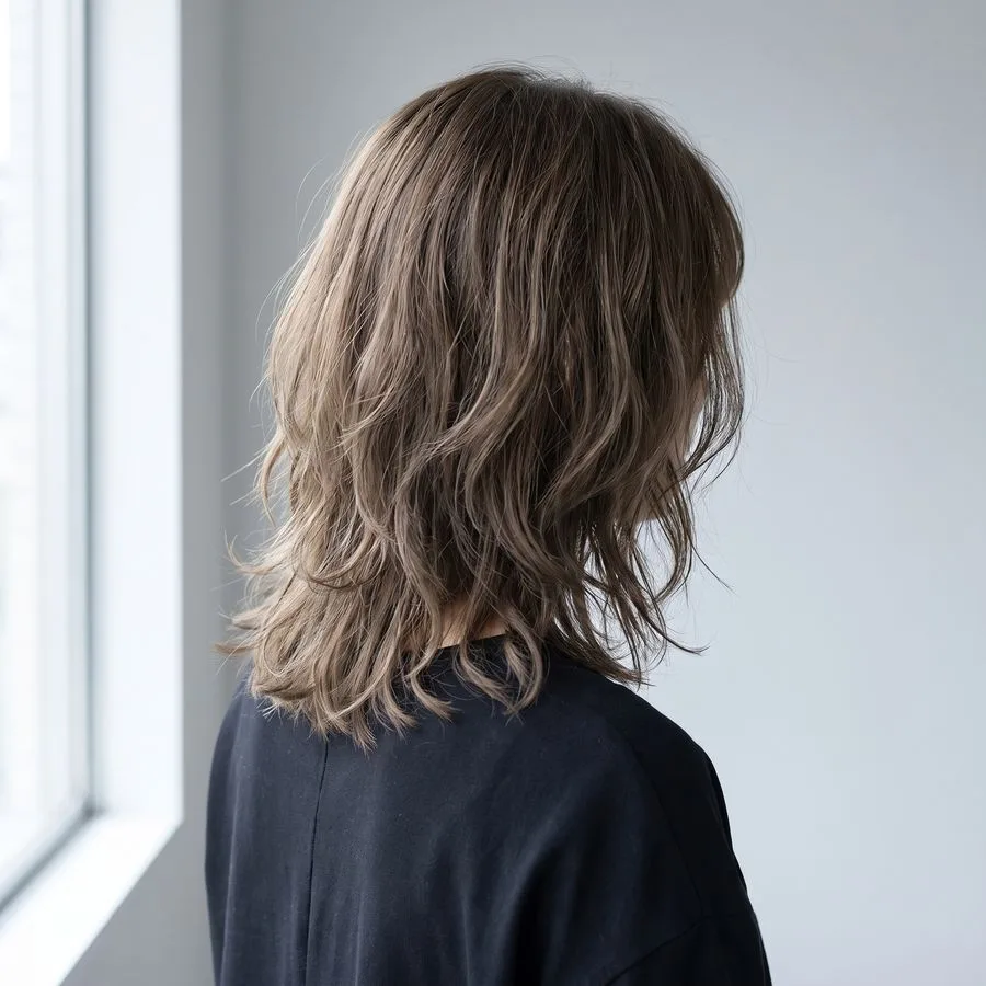 Textured layers — front view, soft graduated layers through the mid-length with piecey, separated ends, worn with a slight wave