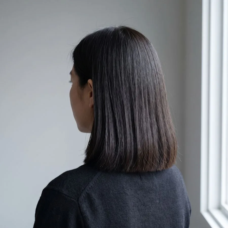 Blunt cut — back view, hair cut in one solid straight line at the shoulders with a heavy, dense perimeter