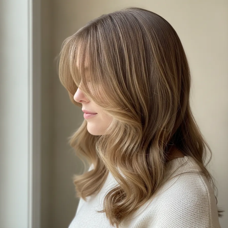 Curtain fringe — center-parted fringe sweeping softly to both sides, longer pieces blending into face-framing length