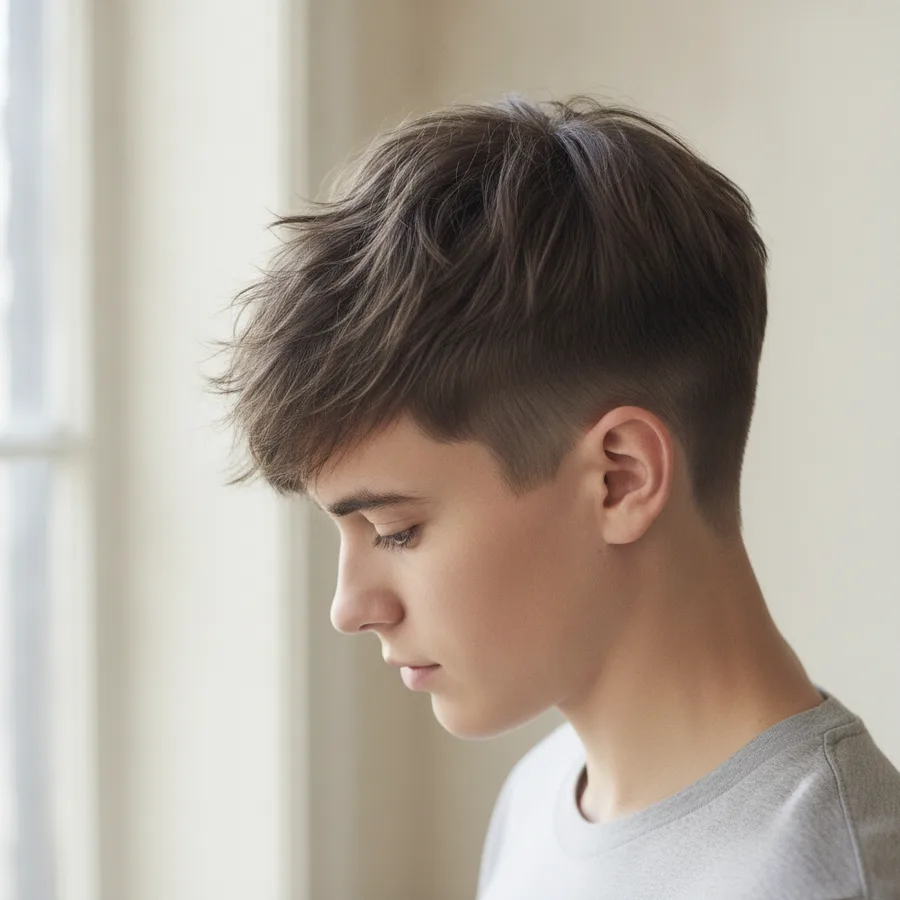 Textured crop — short tapered sides with choppy, piecey length on top styled forward