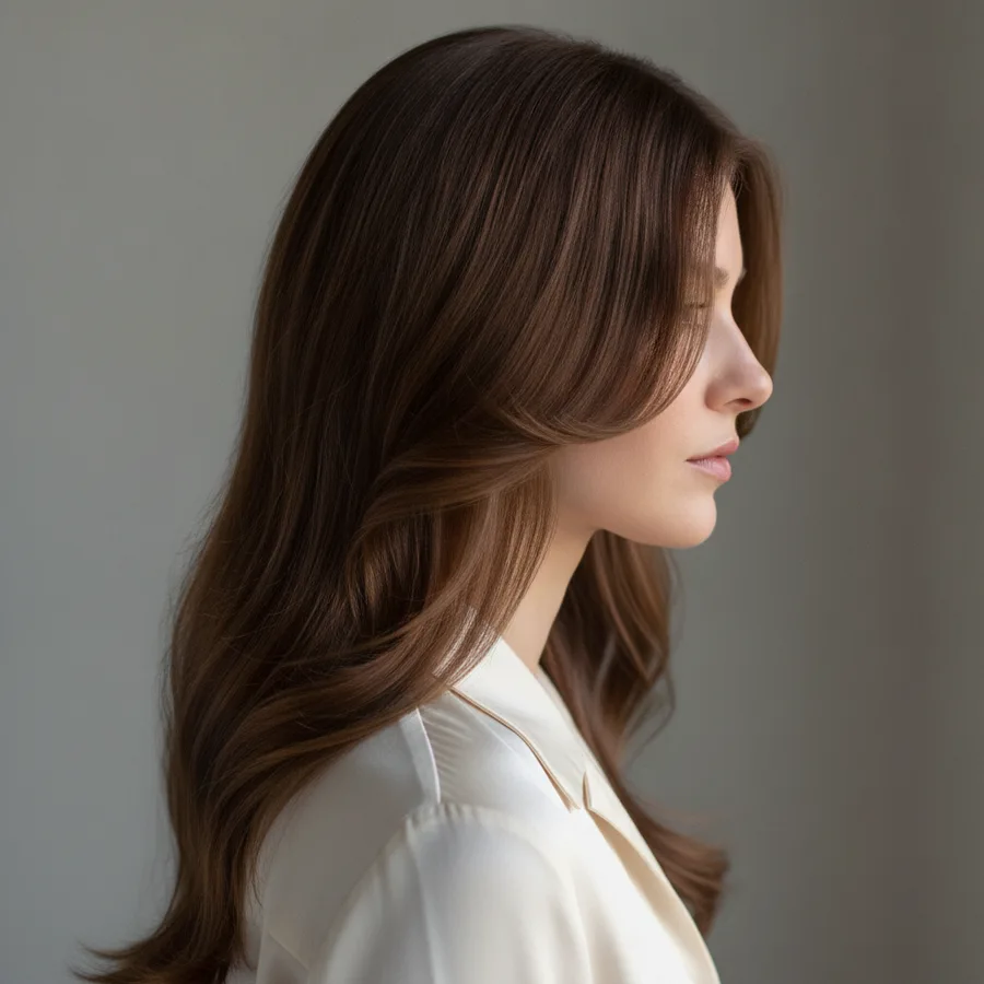 Face-framing layers — long hair with shorter pieces cut around the face starting at the cheekbone, curving inward