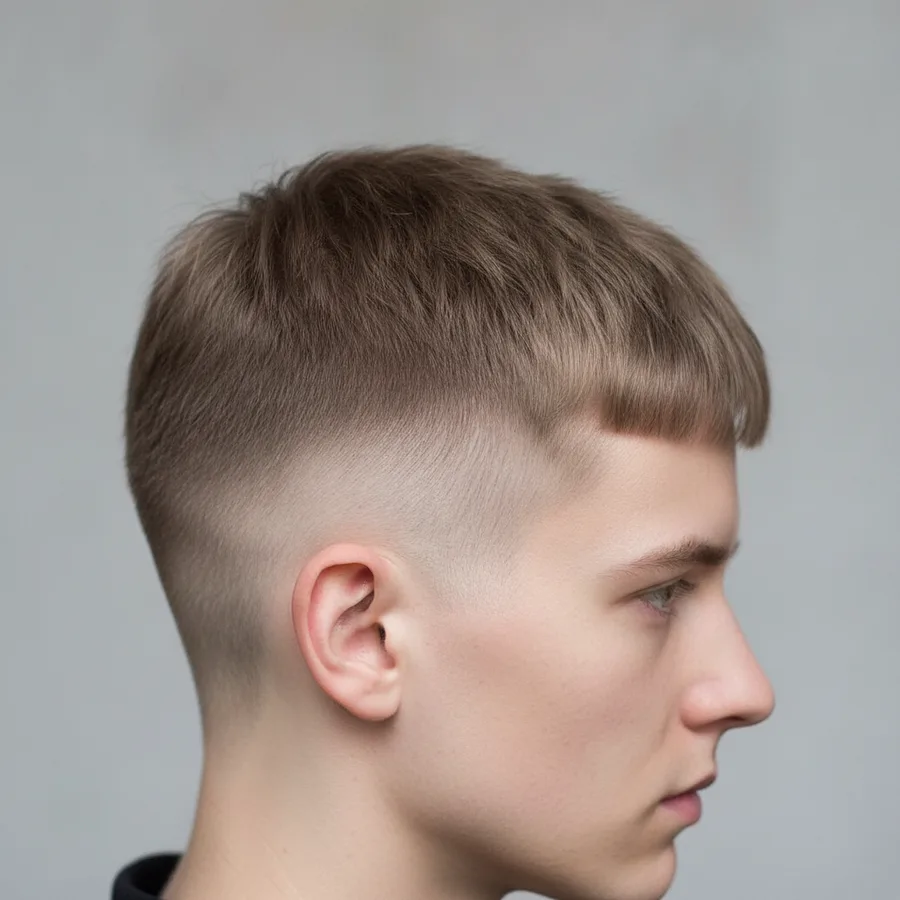 Crew cut — side view, short tapered sides with slightly longer hair at the front graduating shorter toward the crown