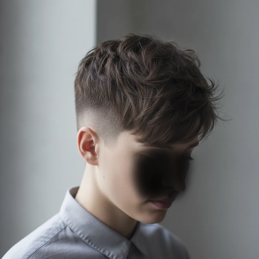 Undercut with buzzed sides — front three-quarter view, short uniform sides contrasting with a longer textured top