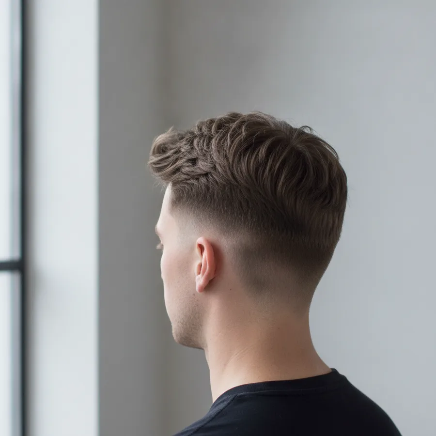 Fade haircut — rear and side view, hair blending from skin at the neckline up to textured length on top