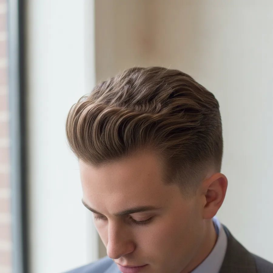 Side part — front three-quarter view, hair combed to one side with lifted roots and tapered short sides
