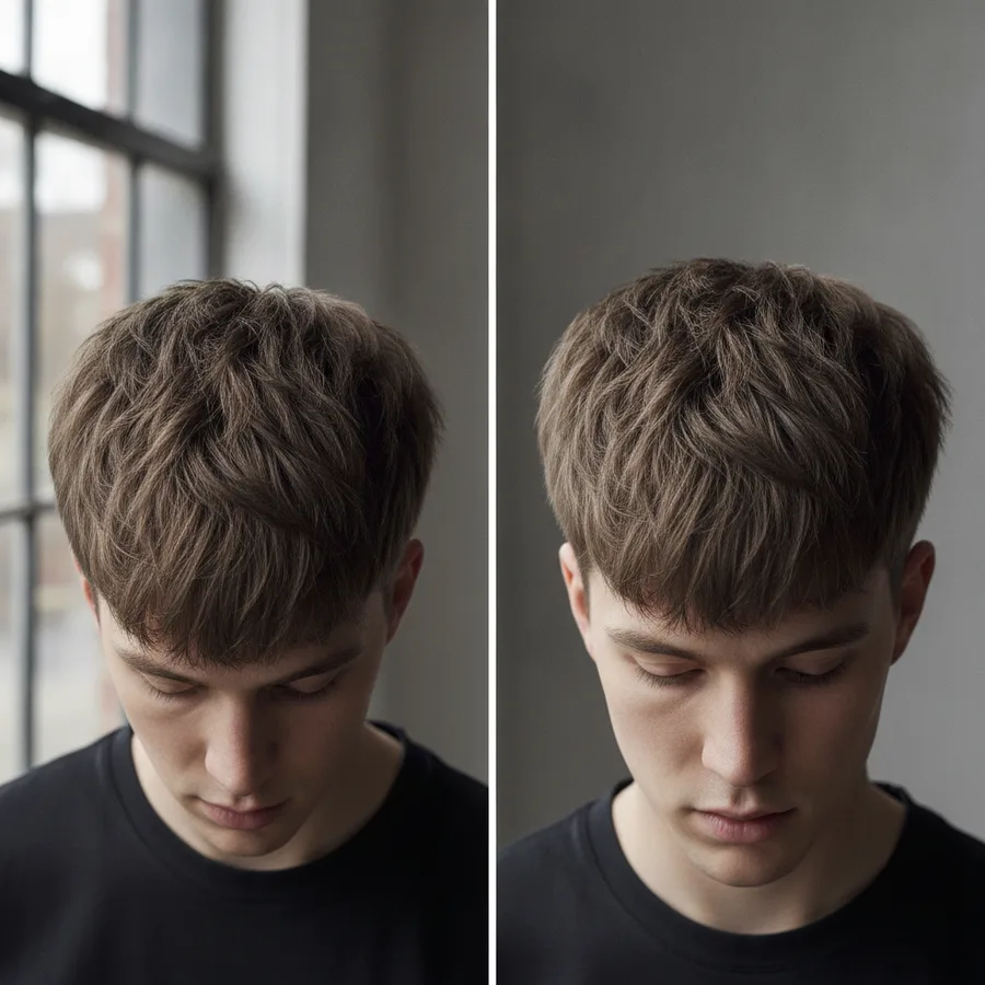 Textured crop — top-down and front view, choppy layered hair styled forward with visible separation and matte finish