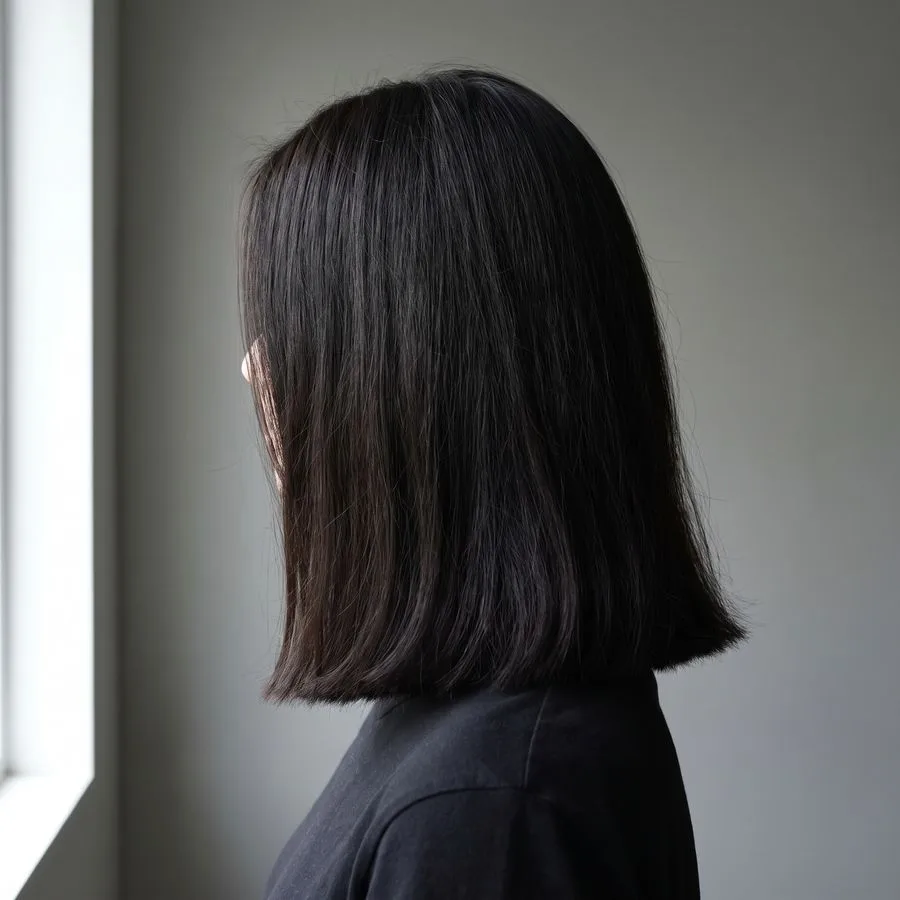 Blunt cut — thick hair cut to one solid length at the collarbone with a clean straight perimeter