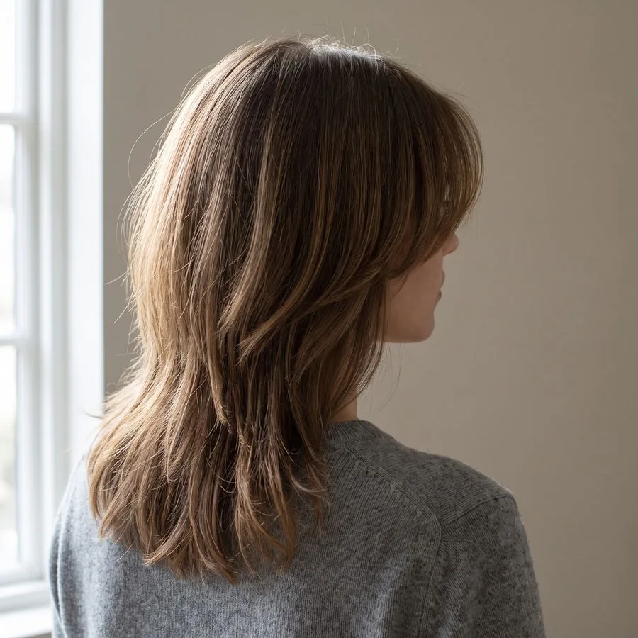 Curtain fringe — center-parted bangs sweeping softly to both sides and blending into longer layers