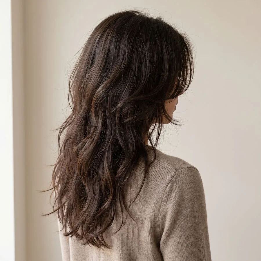 Face-framing layers — long dense hair with shorter pieces cut to angle along the cheekbones and jawline