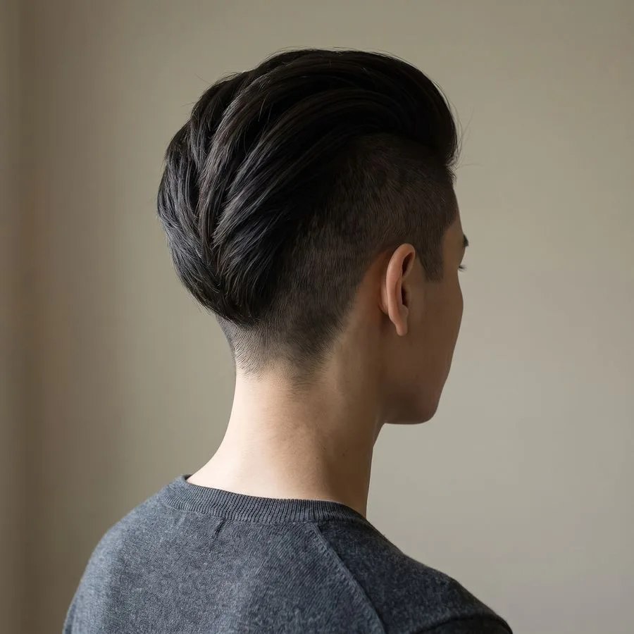 Undercut with long top — closely clipped sides and back with a long, full section of thick hair on top