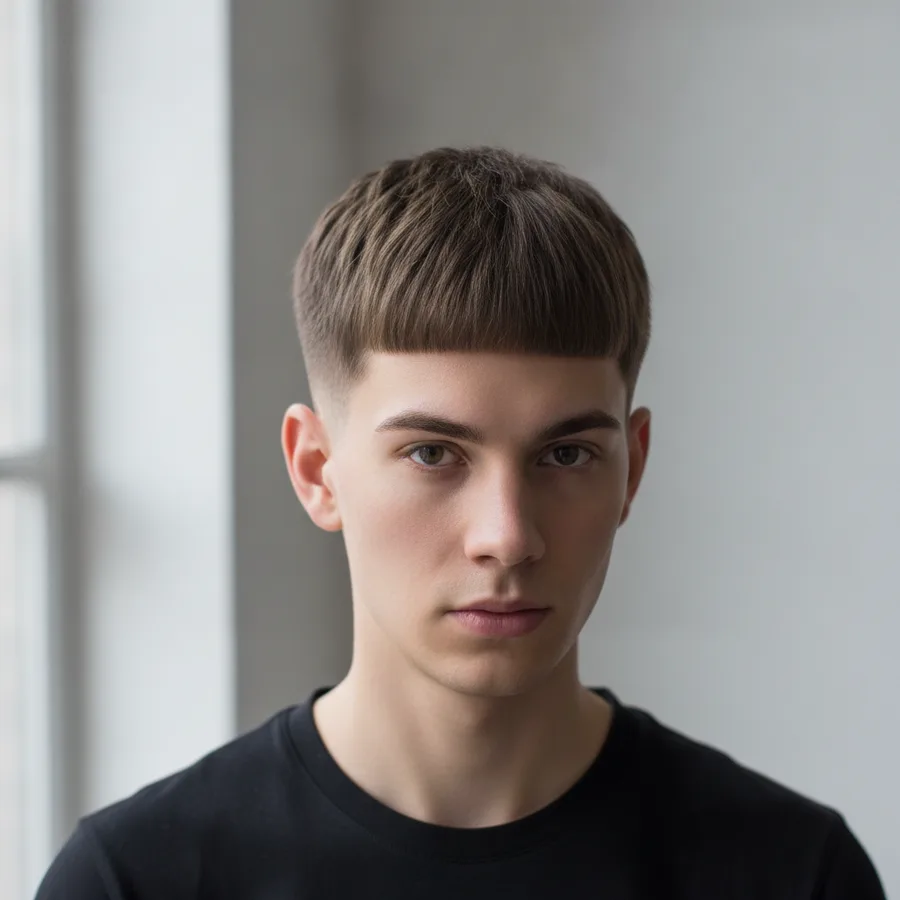 French crop — short faded sides with a blunt straight-across fringe on the forehead, front view