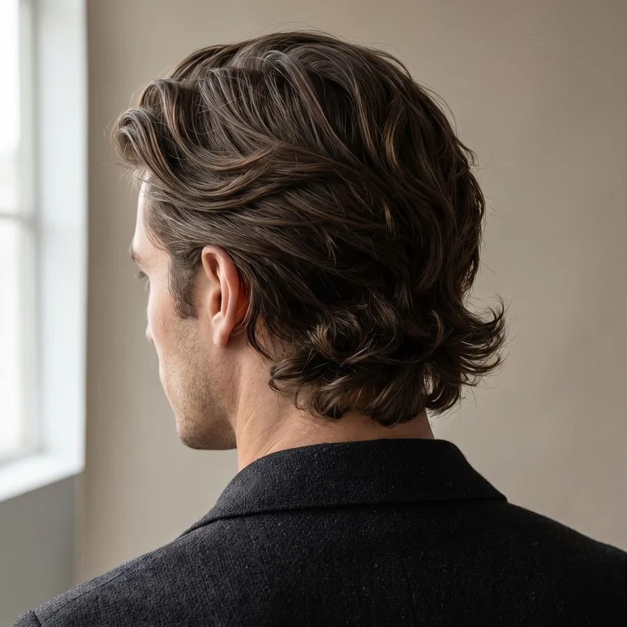 Medium length flow — three-quarter view, layered hair swept back behind the ears, tucking loosely at the nape with natural movement