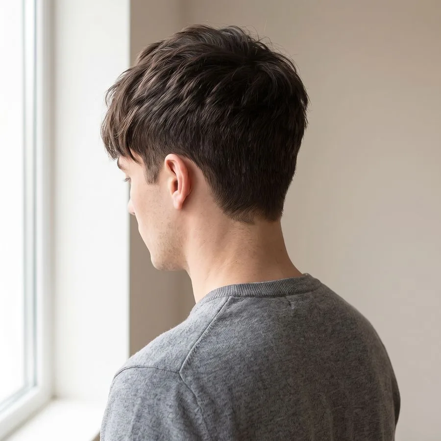 Textured crop with grown-out top — front view, choppy layered fringe falling softly over the forehead, short tapered sides