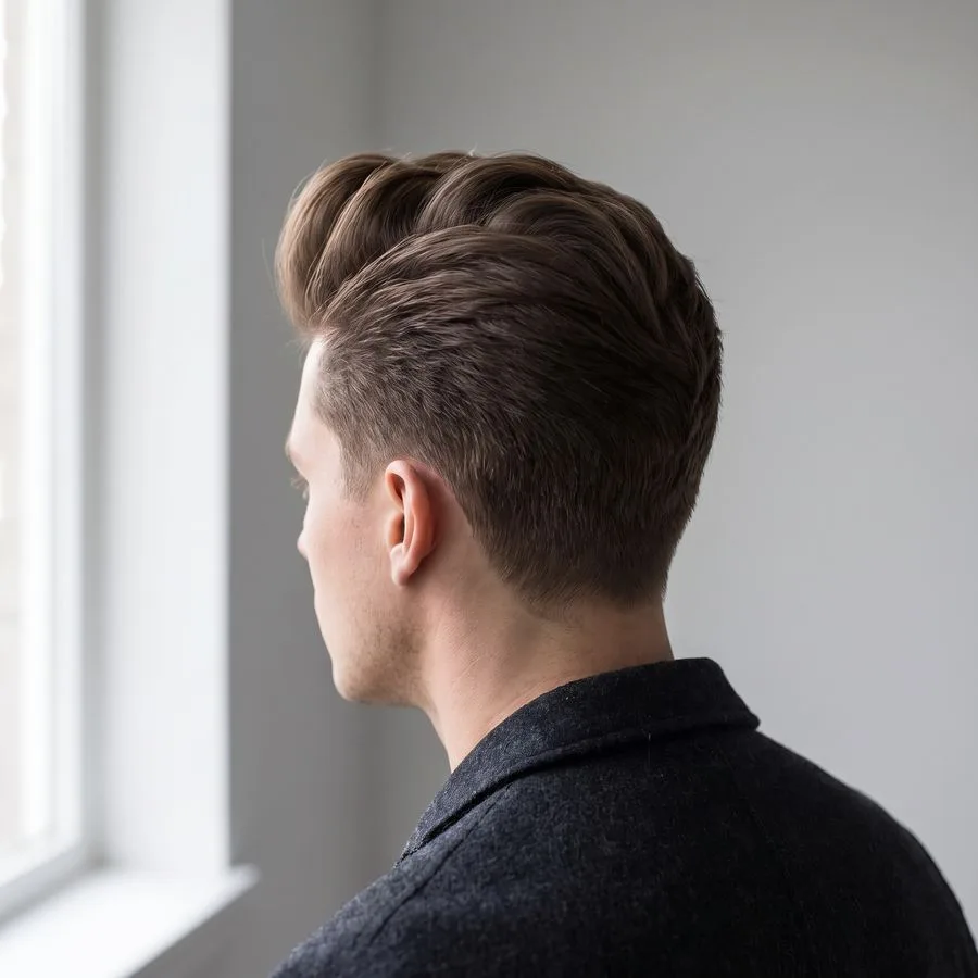 Medium quiff — front view, front section lifted high and swept back with volume, sides tapered shorter