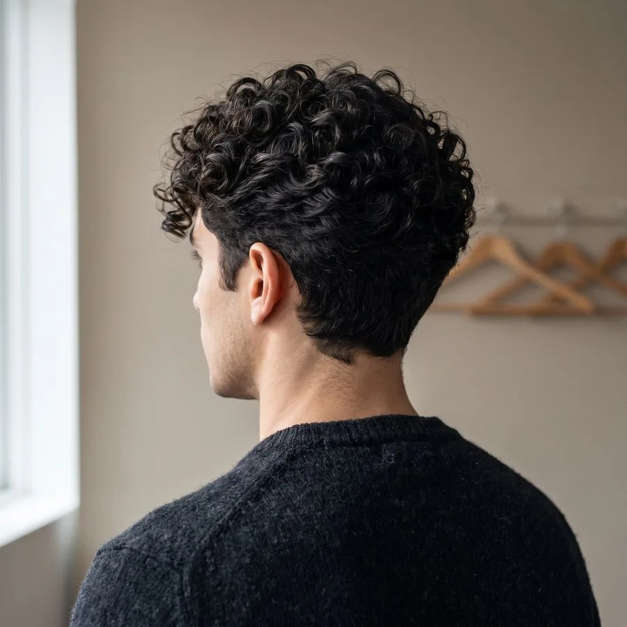 Medium length curls — front view, defined springy curls with volume on top, sides shaped close