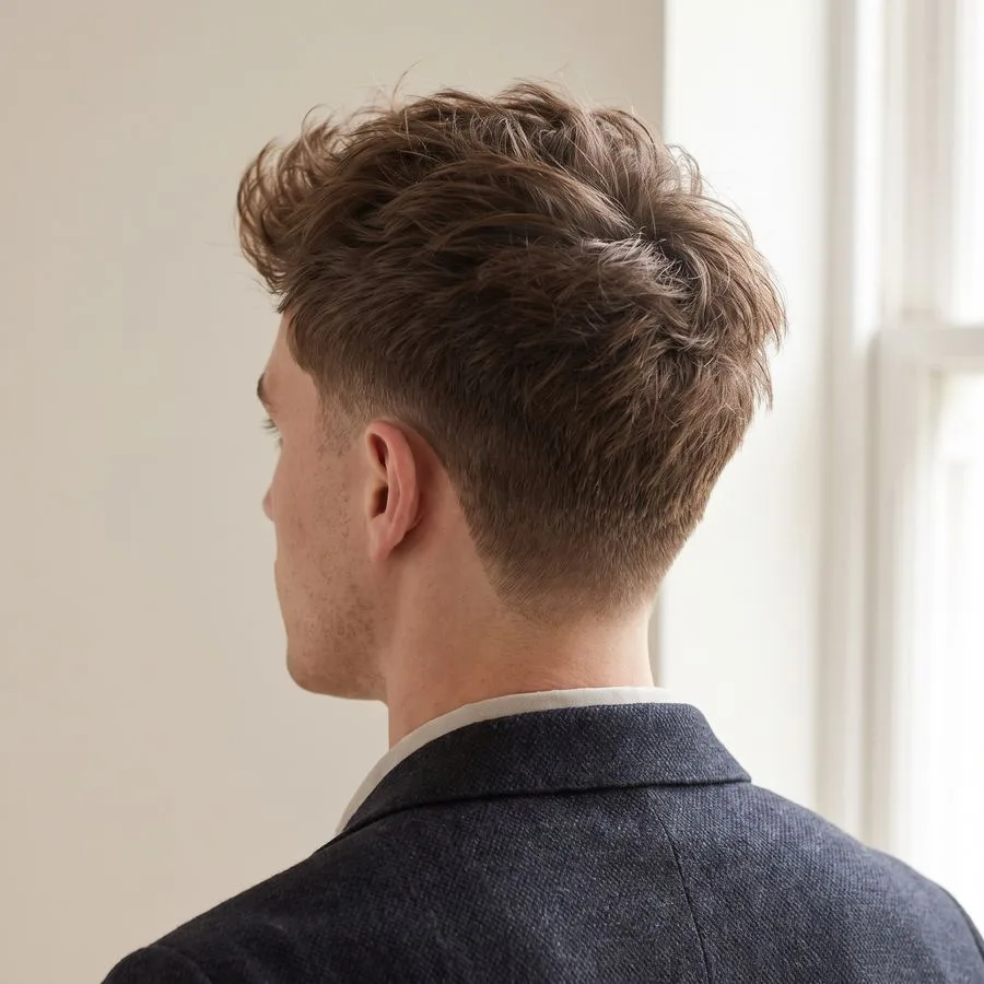 Medium top with taper fade — side profile, long textured hair on top contrasting with short faded sides and neckline