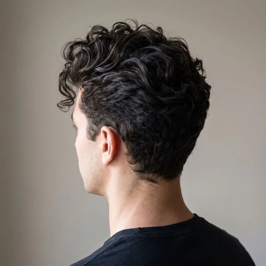 Curly quiff — long curls on top swept up and back off the forehead, tapered sides, volume at the crown