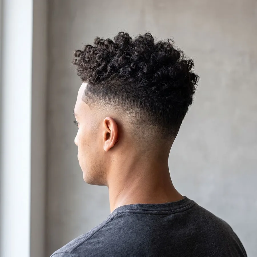 High skin fade with curls on top — tight coils up top, sides shaved to skin blending sharply upward, defined edge-up at the hairline