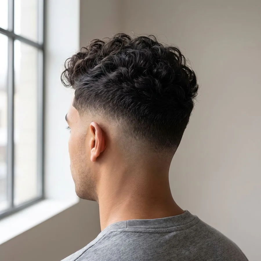Low fade with curls on top — curls kept full up top, sides blending from short to skin just above the ears