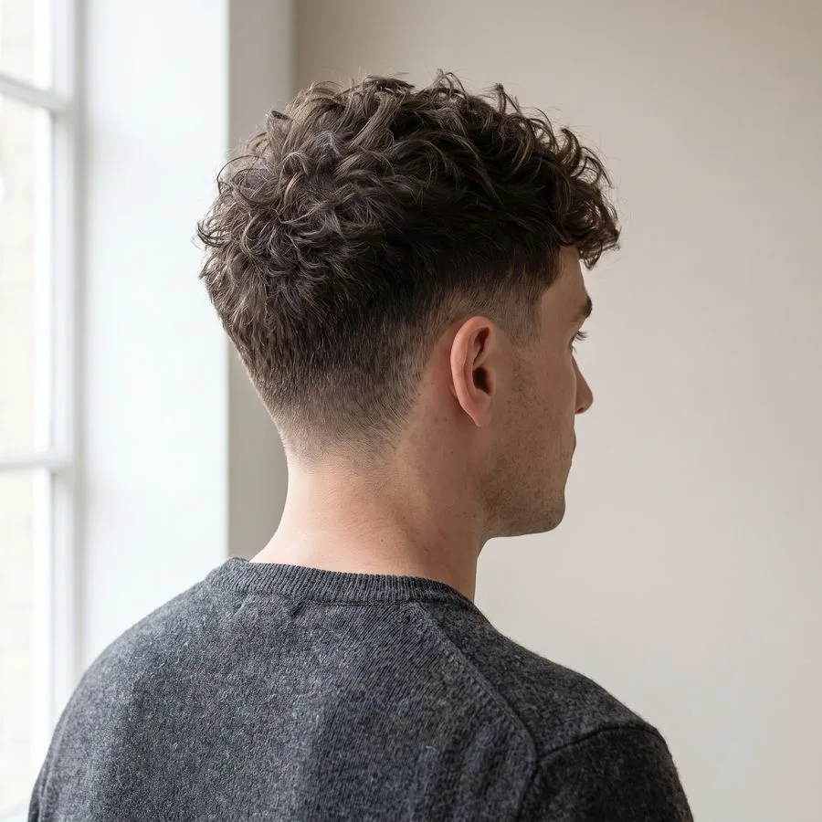 Textured crop — choppy curls up top with a short blunt fringe on the forehead, faded sides