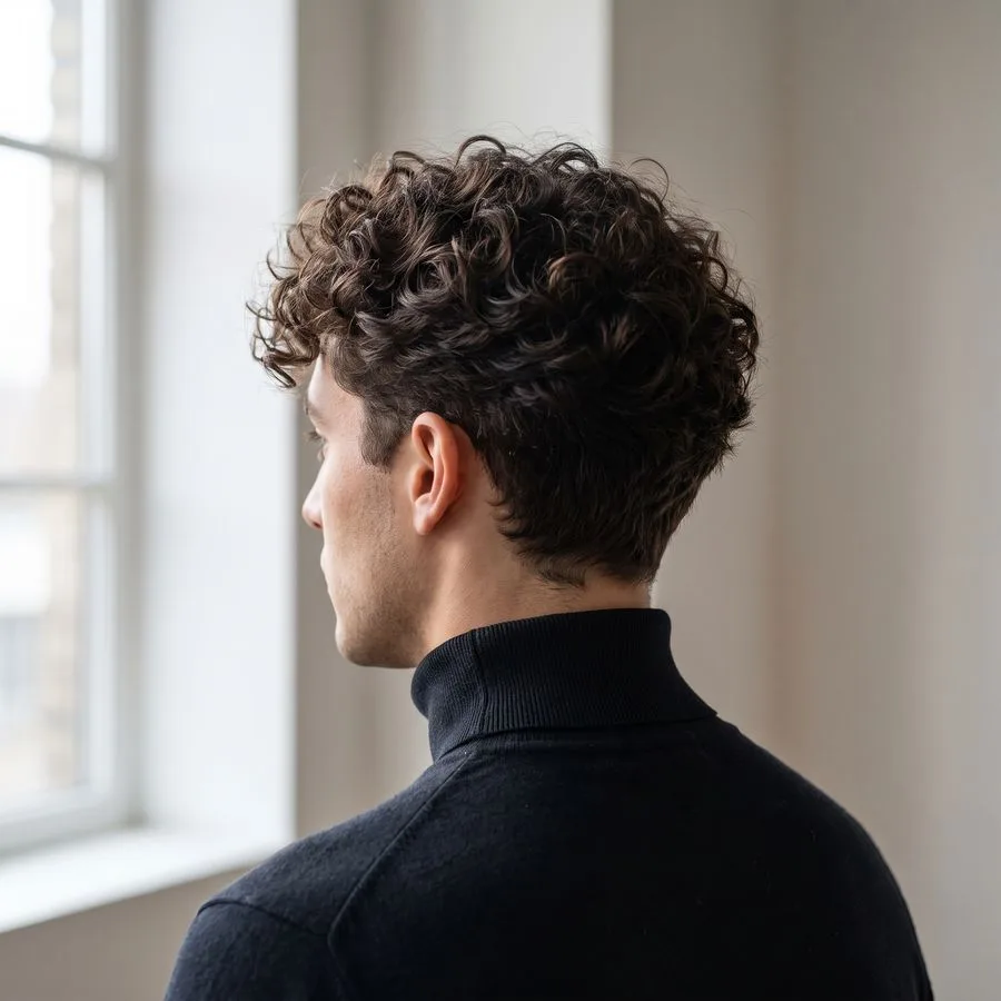 Curly taper — full curls on top and sides, gradually shortening toward the neckline and ears, no shaved line