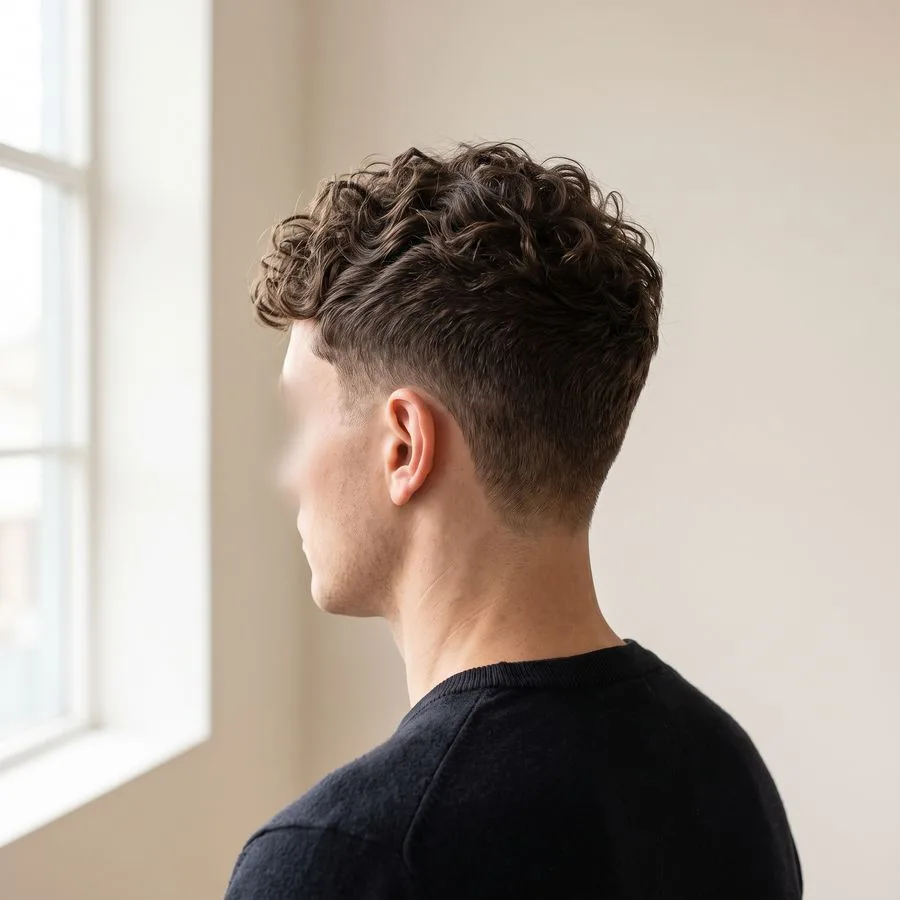 Curly crop — short curls on top styled slightly forward, sides tapered close, clean around the ears