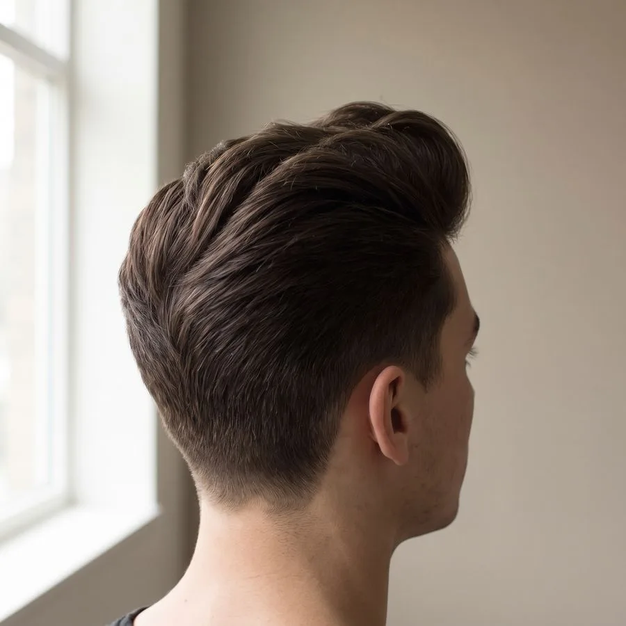 Quiff — front hair swept up and back into a soft rounded peak with tapered sides