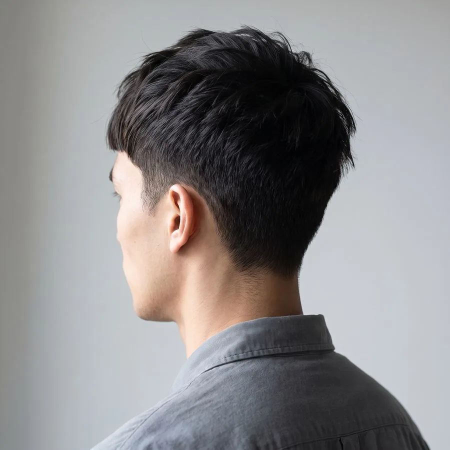 Textured crop — short tapered sides with a choppy, piecey top and a short forward fringe on an angular-jawed man