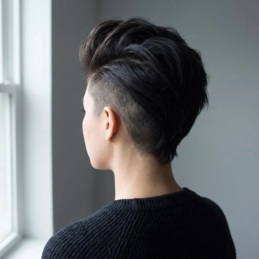 Undercut — very short shaved sides with longer swept-back volume on top