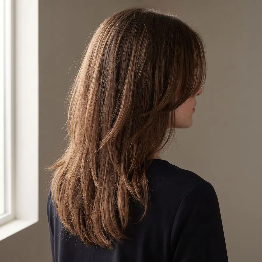Face-framing layers — long hair with softly angled front pieces falling past the jaw