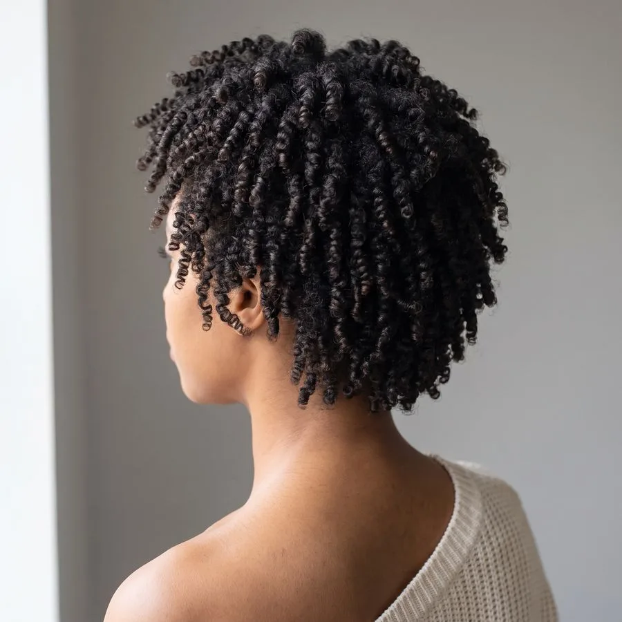 Finger coils — short natural hair set into neat, uniform spiral coils across the head