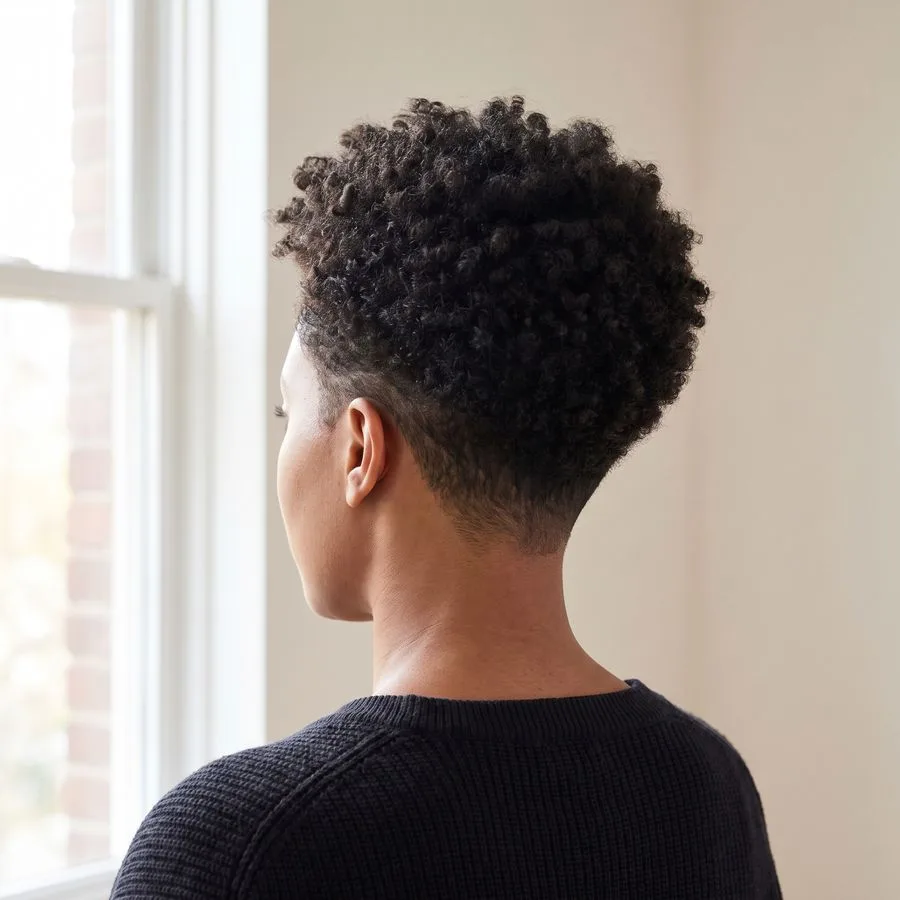 Tapered cut — natural coils faded short at the sides and nape, fuller and rounded at the crown
