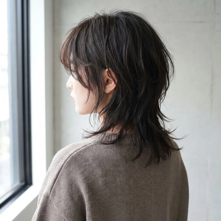 Shag haircut — short choppy layers with curtain bangs and piecey, feathered ends