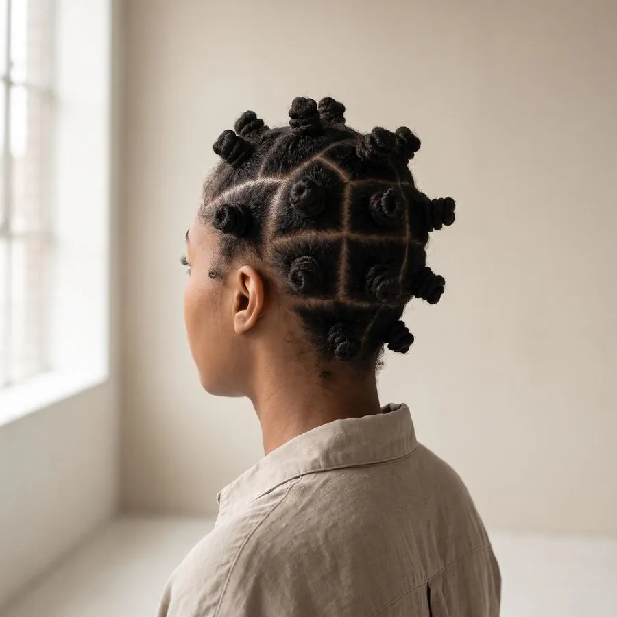 Bantu knots — small coiled knots sectioned in a neat grid pattern across natural hair