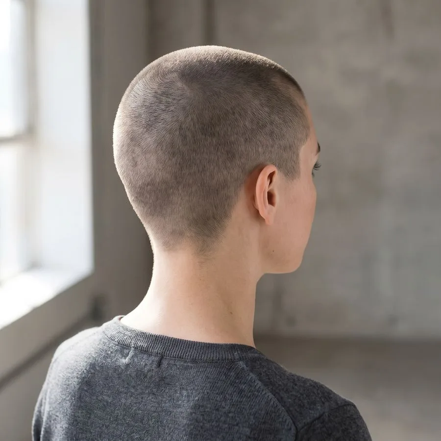 Buzz cut — uniform very short clipper cut across the whole head, clean and even