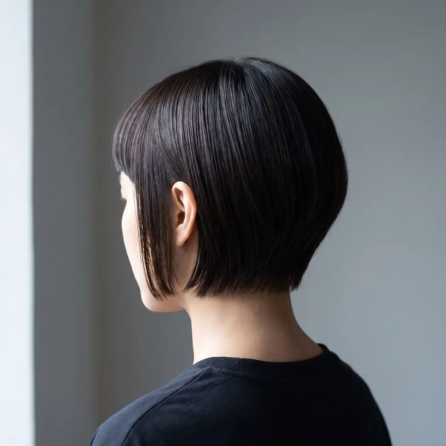 Arched fringe — gently curved bangs, higher at the temples and lower in the centre, with a glossy finish