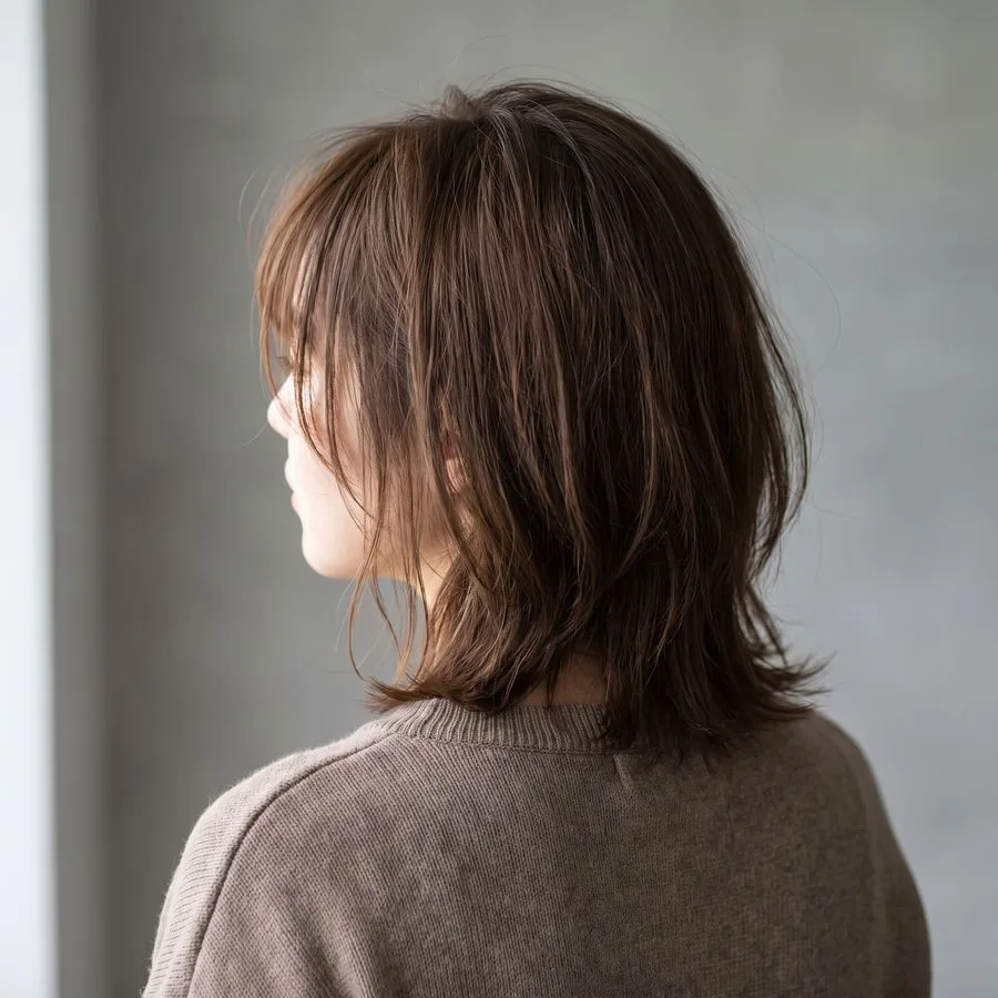 Wispy Jane Birkin bangs — thin, feathered fringe grazing the eyebrows with soft, undone separation