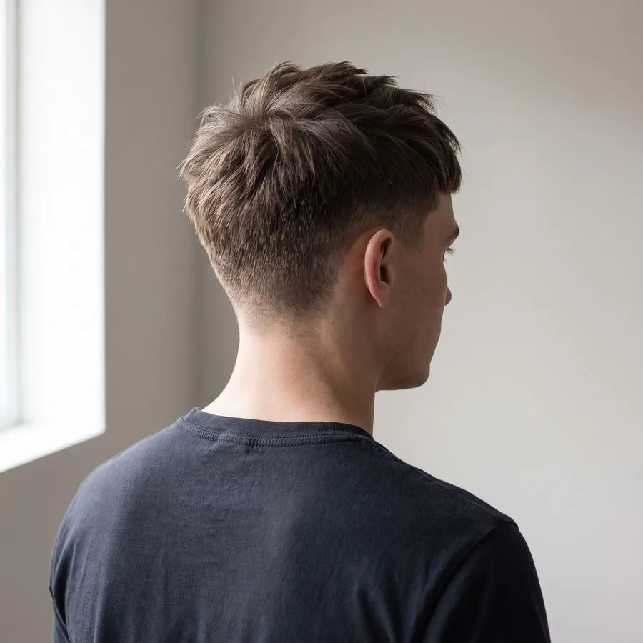 Textured Caesar cut — short forward-brushed fringe with choppy layering across the forehead