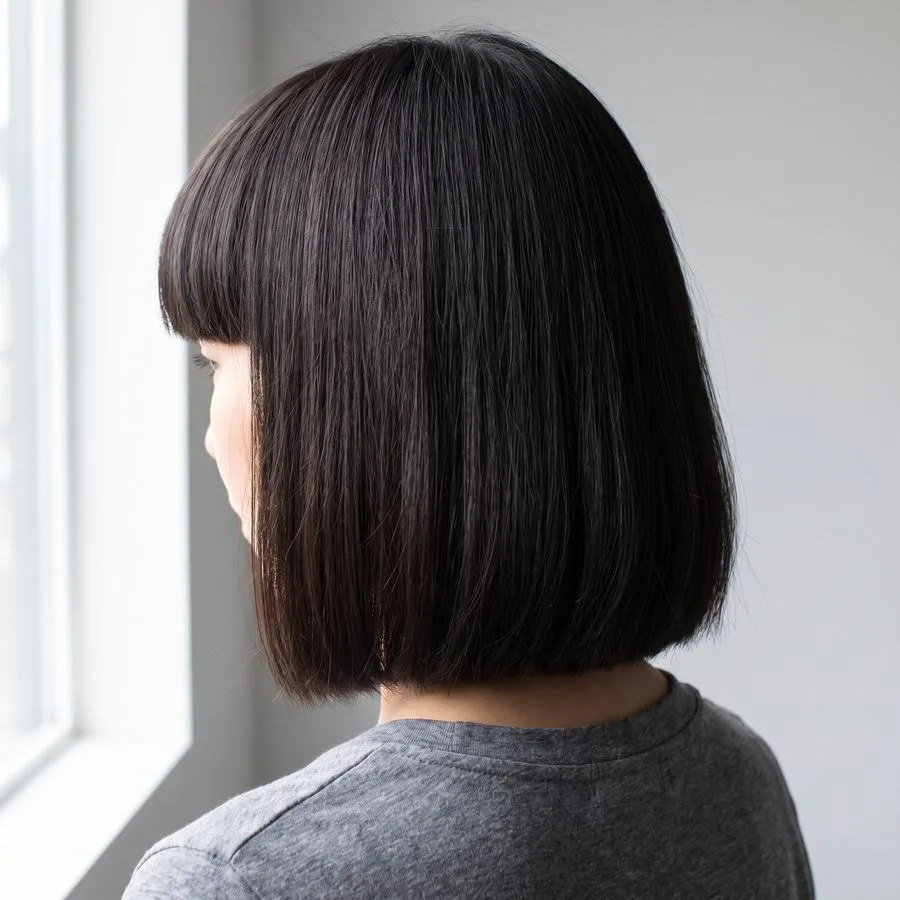Blunt fringe — one strong horizontal line sitting heavy at brow level, thick and full